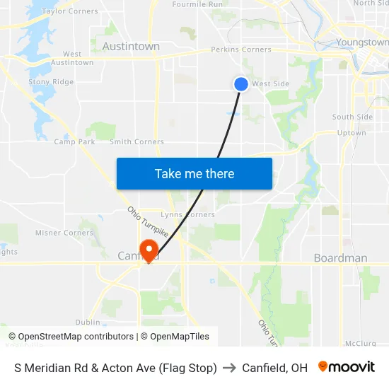 S Meridian Rd & Acton Ave (Flag Stop) to Canfield, OH map