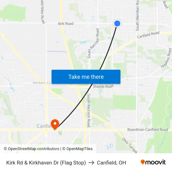 Kirk Rd & Kirkhaven Dr (Flag Stop) to Canfield, OH map