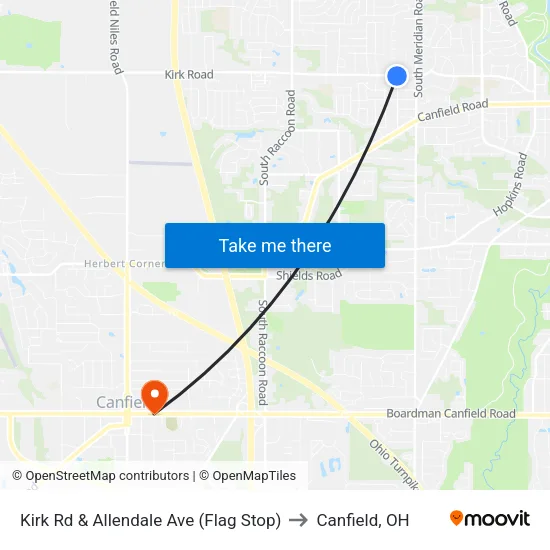 Kirk Rd & Allendale Ave (Flag Stop) to Canfield, OH map