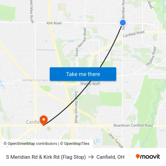 S Meridian Rd & Kirk Rd (Flag Stop) to Canfield, OH map
