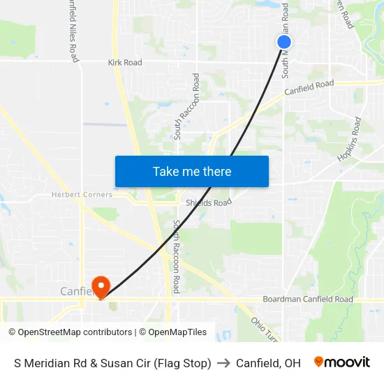 S Meridian Rd & Susan Cir (Flag Stop) to Canfield, OH map