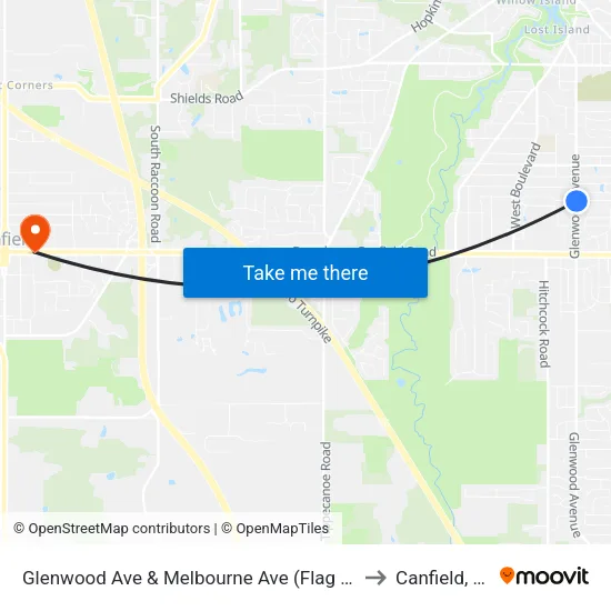 Glenwood Ave & Melbourne Ave (Flag Stop) to Canfield, OH map