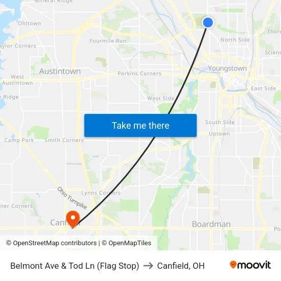 Belmont Ave & Tod Ln (Flag Stop) to Canfield, OH map