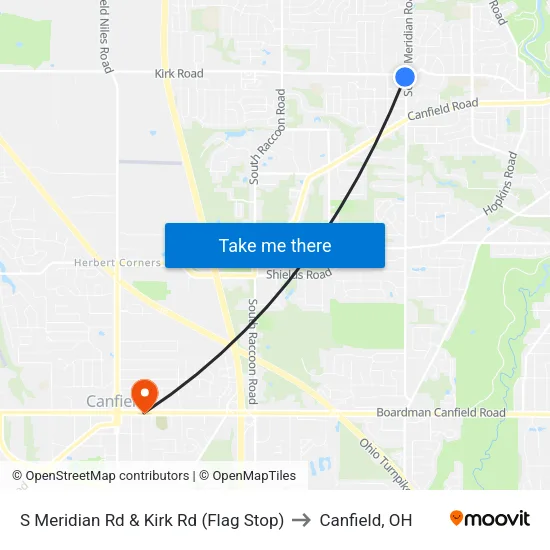 S Meridian Rd & Kirk Rd (Flag Stop) to Canfield, OH map