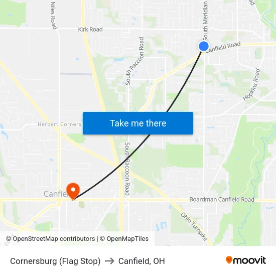 Cornersburg (Flag Stop) to Canfield, OH map