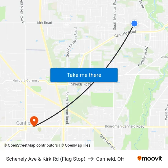 Schenely Ave & Kirk Rd (Flag Stop) to Canfield, OH map