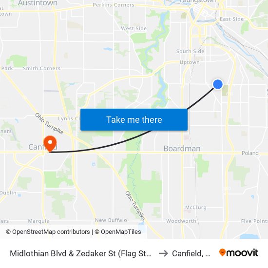 Midlothian Blvd & Zedaker St (Flag Stop) to Canfield, OH map