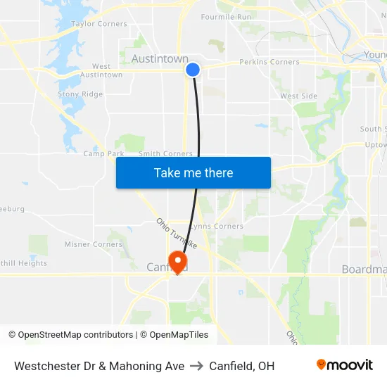 Westchester Dr & Mahoning Ave to Canfield, OH map