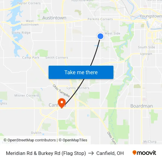 Meridian Rd & Burkey Rd (Flag Stop) to Canfield, OH map