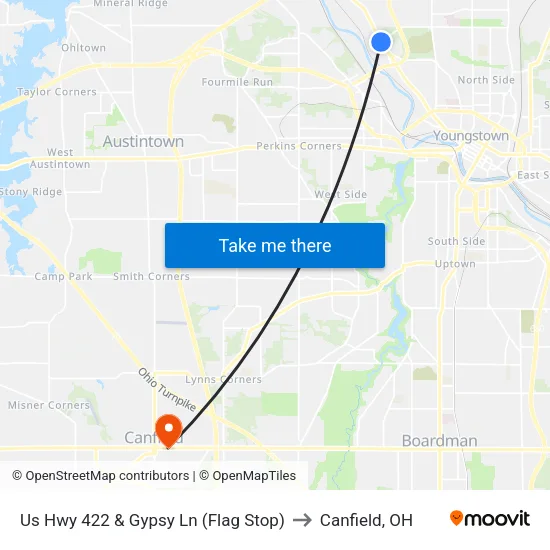 Us Hwy 422 & Gypsy Ln (Flag Stop) to Canfield, OH map