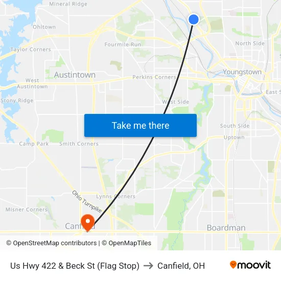 Us Hwy 422 & Beck St (Flag Stop) to Canfield, OH map