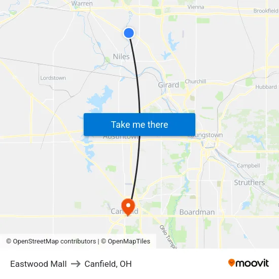 Eastwood Mall to Canfield, OH map