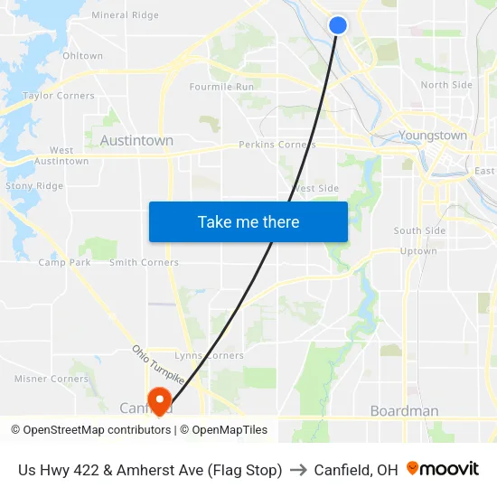 Us Hwy 422 & Amherst Ave (Flag Stop) to Canfield, OH map