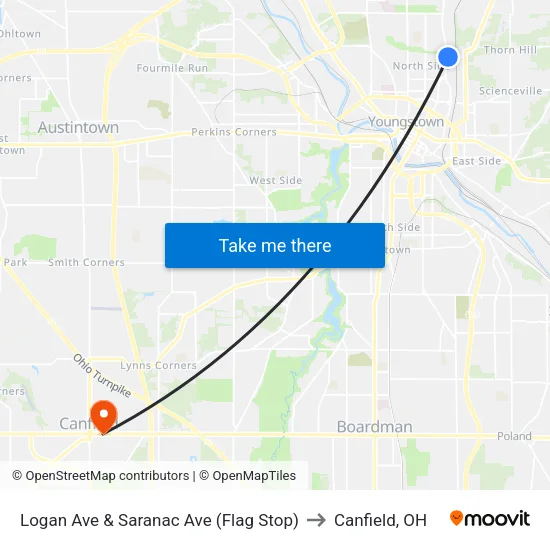 Logan Ave & Saranac Ave (Flag Stop) to Canfield, OH map