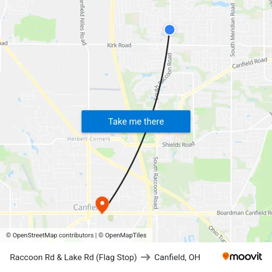 Raccoon Rd & Lake Rd (Flag Stop) to Canfield, OH map