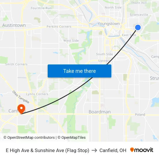 E High Ave & Sunshine Ave (Flag Stop) to Canfield, OH map