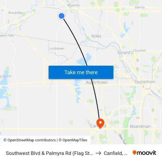 Southwest Blvd & Palmyra Rd (Flag Stop) to Canfield, OH map