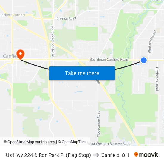 Us Hwy 224 & Ron Park Pl (Flag Stop) to Canfield, OH map