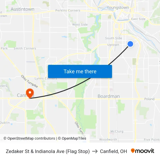 Zedaker St & Indianola Ave (Flag Stop) to Canfield, OH map