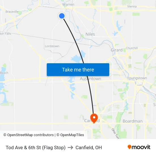 Tod Ave & 6th St (Flag Stop) to Canfield, OH map