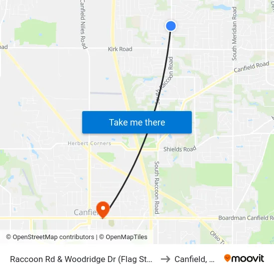 Raccoon Rd & Woodridge Dr (Flag Stop) to Canfield, OH map