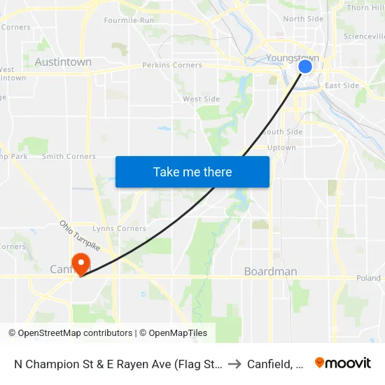 N Champion St & E Rayen Ave (Flag Stop) to Canfield, OH map