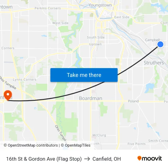 16th St & Gordon Ave (Flag Stop) to Canfield, OH map