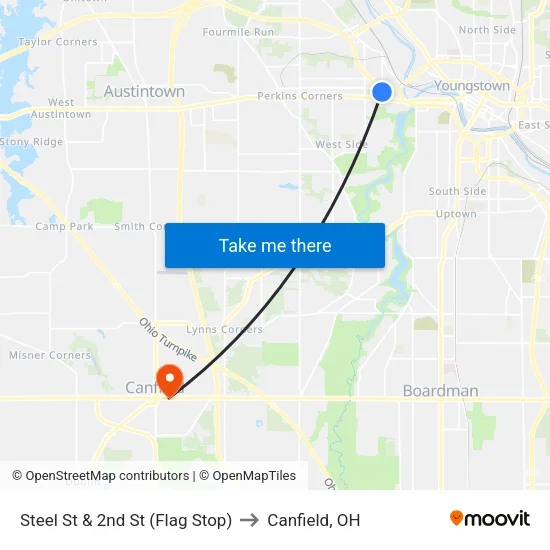 Steel St & 2nd St (Flag Stop) to Canfield, OH map