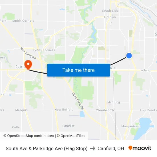 South Ave & Parkridge Ave (Flag Stop) to Canfield, OH map
