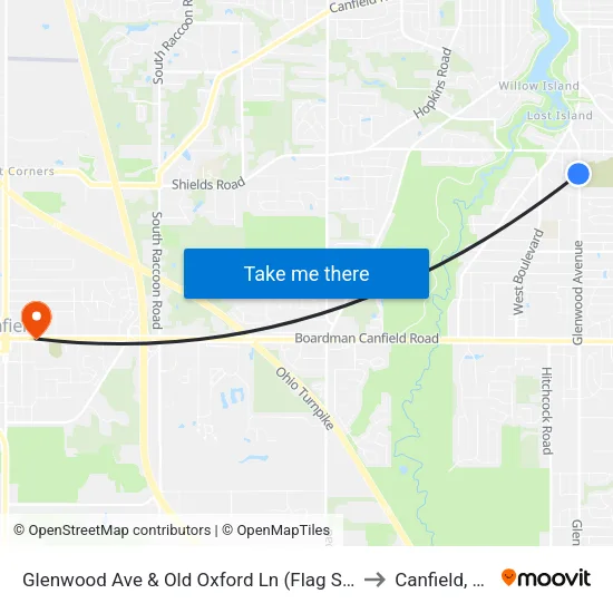 Glenwood Ave & Old Oxford Ln (Flag Stop) to Canfield, OH map