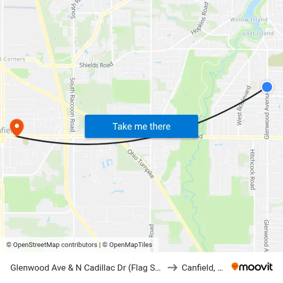 Glenwood Ave & N Cadillac Dr (Flag Stop) to Canfield, OH map
