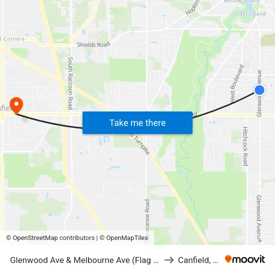 Glenwood Ave & Melbourne Ave (Flag Stop) to Canfield, OH map