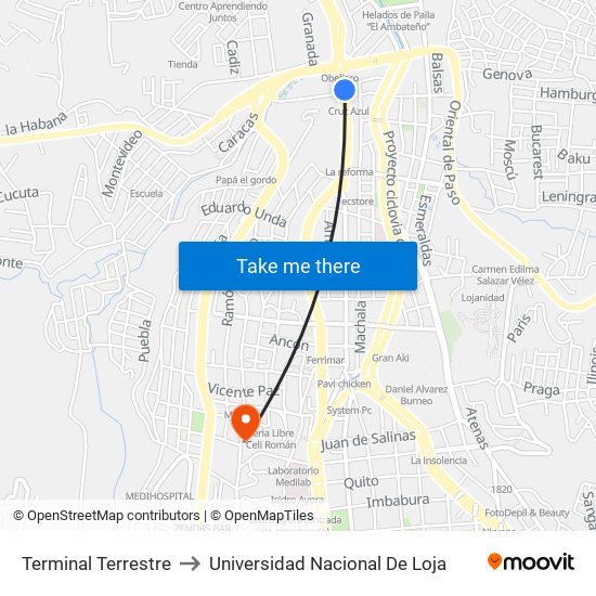 Terminal Terrestre to Universidad Nacional De Loja map