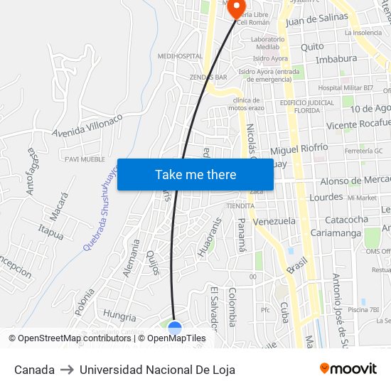 Canada to Universidad Nacional De Loja map