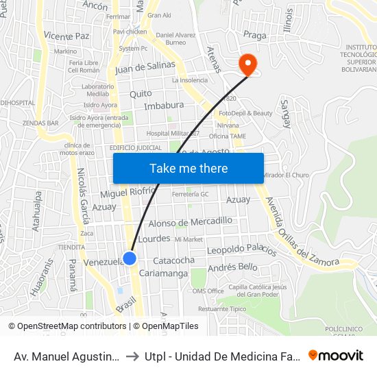 Av. Manuel Agustin Aguirre Y Venezuela to Utpl - Unidad De Medicina Familiar - Resonancia Magnética map