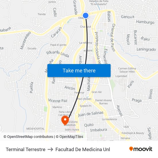 Terminal Terrestre to Facultad De Medicina Unl map