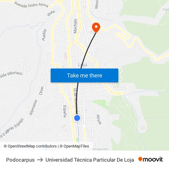 Podocarpus to Universidad Técnica Particular De Loja map