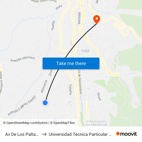 Av De Los Paltas Ns to Universidad Técnica Particular De Loja map