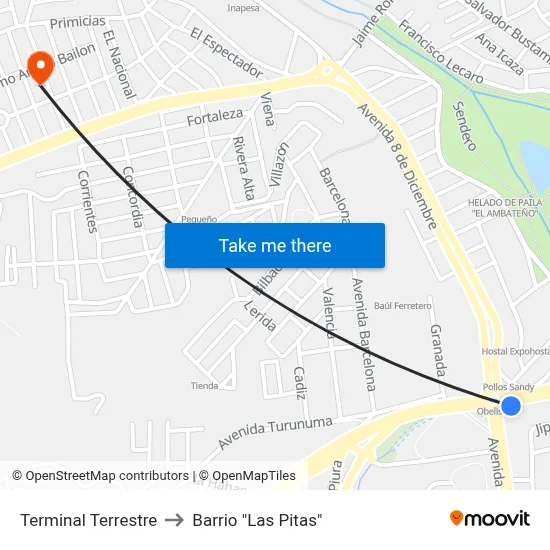 Terminal Terrestre to Barrio "Las Pitas" map