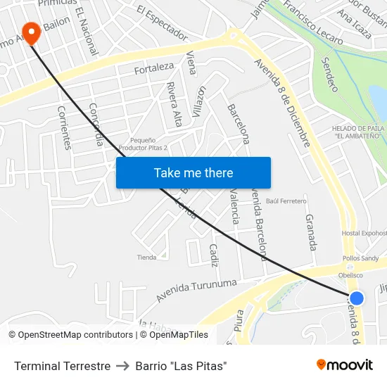 Terminal Terrestre to Barrio "Las Pitas" map