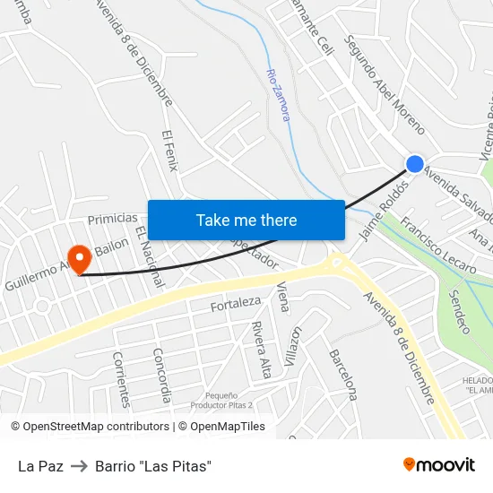 La Paz to Barrio "Las Pitas" map