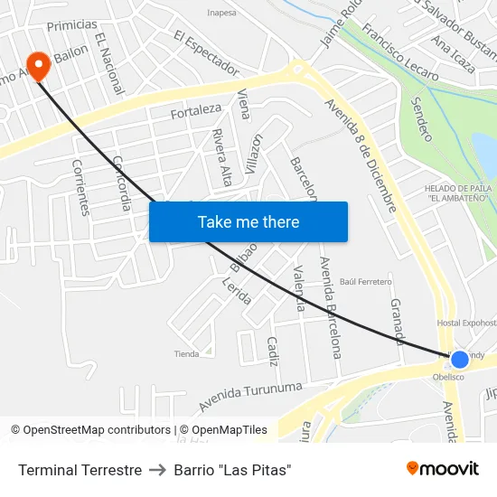 Terminal Terrestre to Barrio "Las Pitas" map