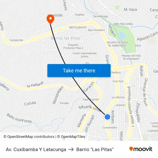 Av. Cuxibamba Y Latacunga to Barrio "Las Pitas" map