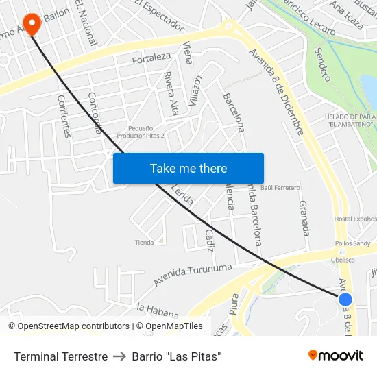Terminal Terrestre to Barrio "Las Pitas" map