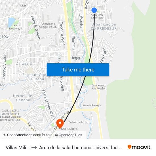 Villas Militares to Área de la salud humana Universidad Nacional de  Loja map