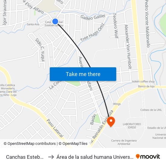 Canchas Esteban Godoy Ns to Área de la salud humana Universidad Nacional de  Loja map