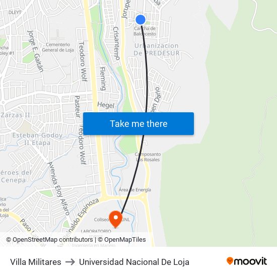 Villa Militares to Universidad Nacional De Loja map