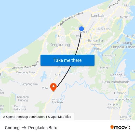 Gadong to Pengkalan Batu map