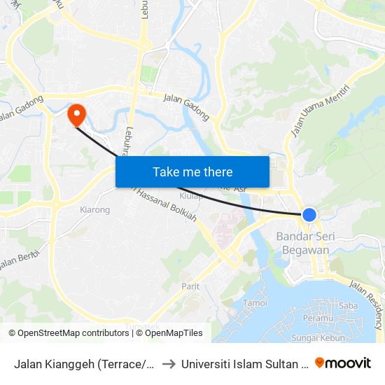 Jalan Kianggeh (Terrace/Radisson) to Universiti Islam Sultan Sharif Ali map