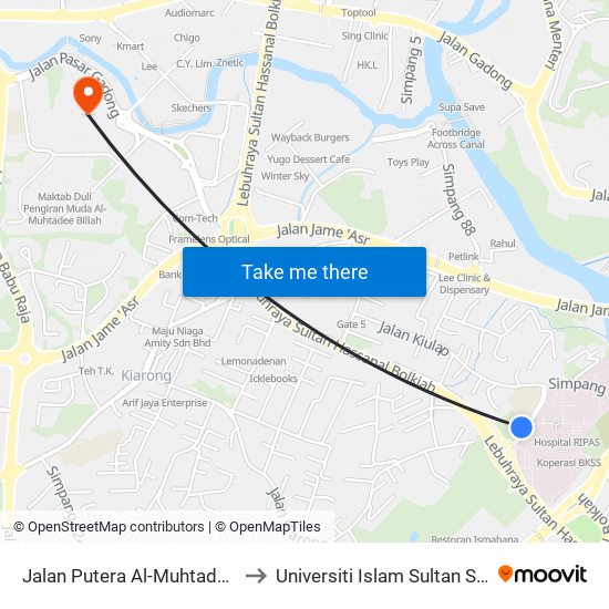 Jalan Putera Al-Muhtadee Billah to Universiti Islam Sultan Sharif Ali map